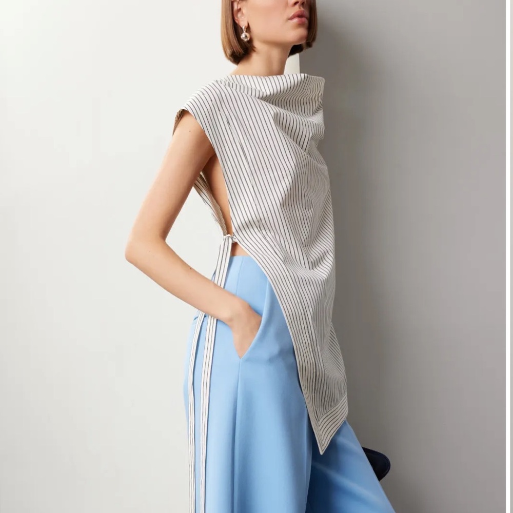 STAUD Striped White and Black Asymmetric Top Sawyer Top Tank Blouse